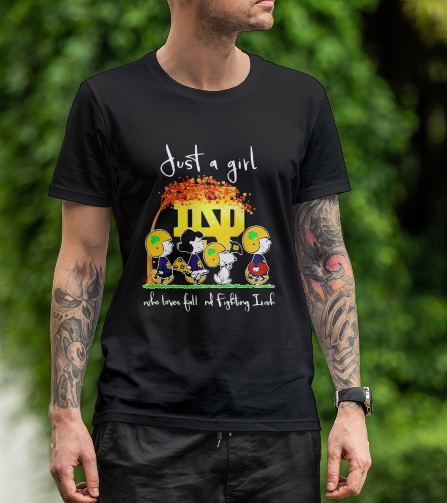 Just A Girl Who Loves Fall ND Fighting Irish Peanuts Characters T-Shirt
