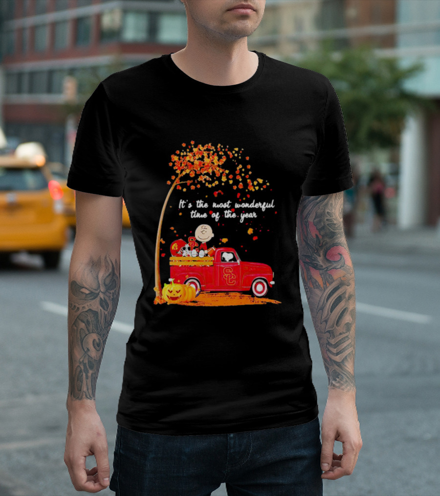 Peanuts Characters USC Trojans Fall It's the Most Wonderful Time of the Year Football Truck Pumpkin Charlie Brown T-Shirt