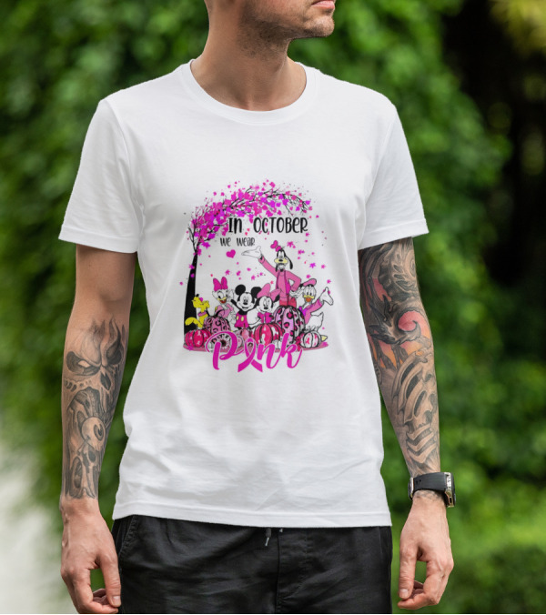 In October We Wear Pink Disney Characters Breast Cancer Awareness T-Shirt