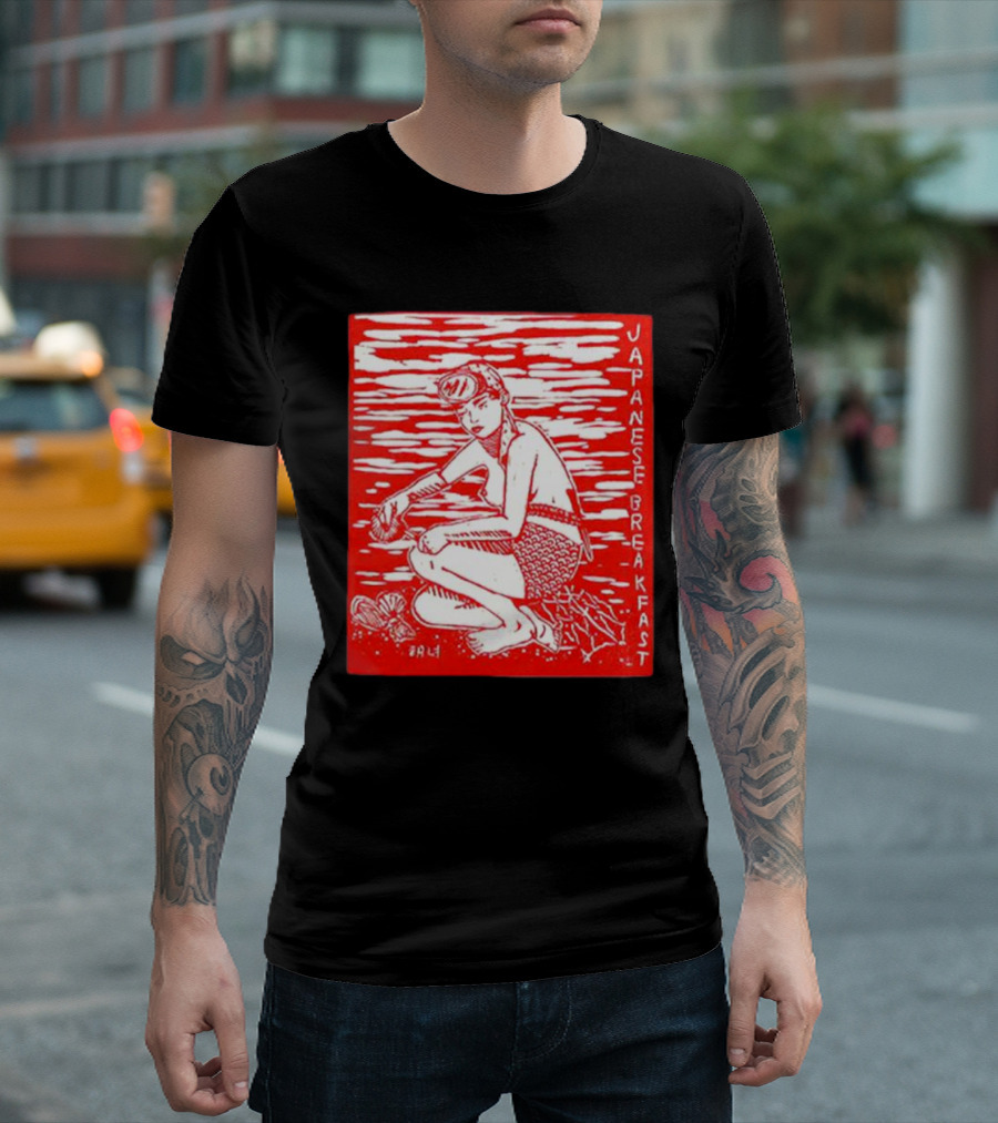 Japanese Breakfast Diver Cream Motif In Red And White T-Shirt
