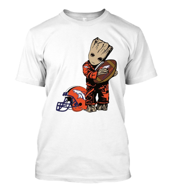 Groot Hugging Denver Broncos Football And Helmet T-Shirt