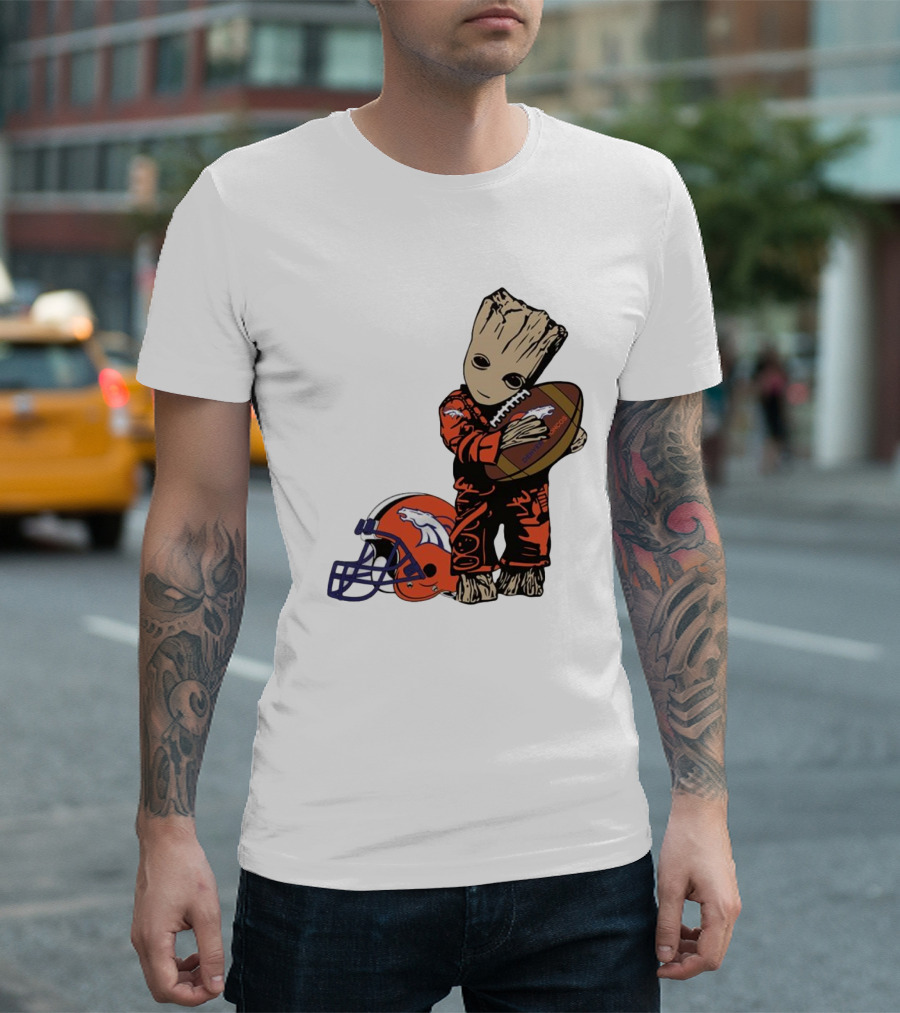 Groot Hugging Denver Broncos Football and Helmet T-Shirt