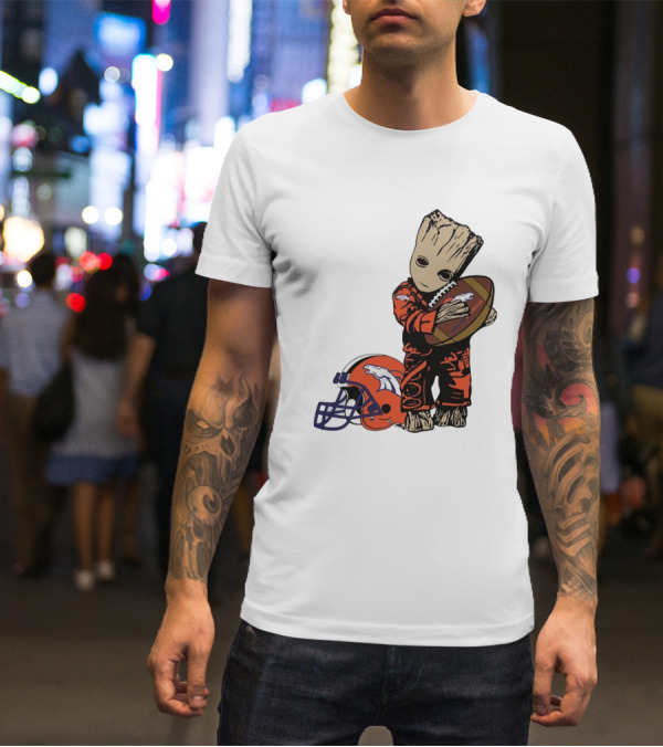 Groot Hugging Denver Broncos Football And Helmet T-Shirt