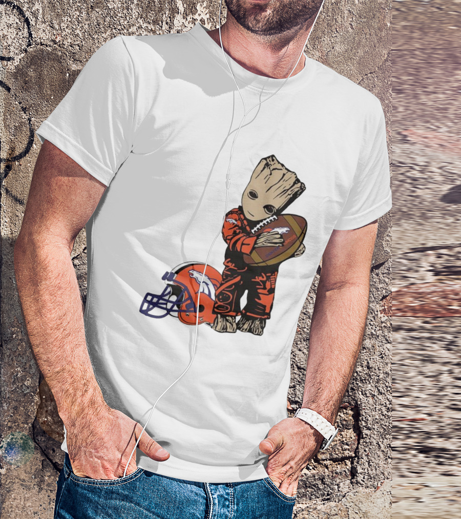 Groot Hugging Denver Broncos Football And Helmet T-Shirt
