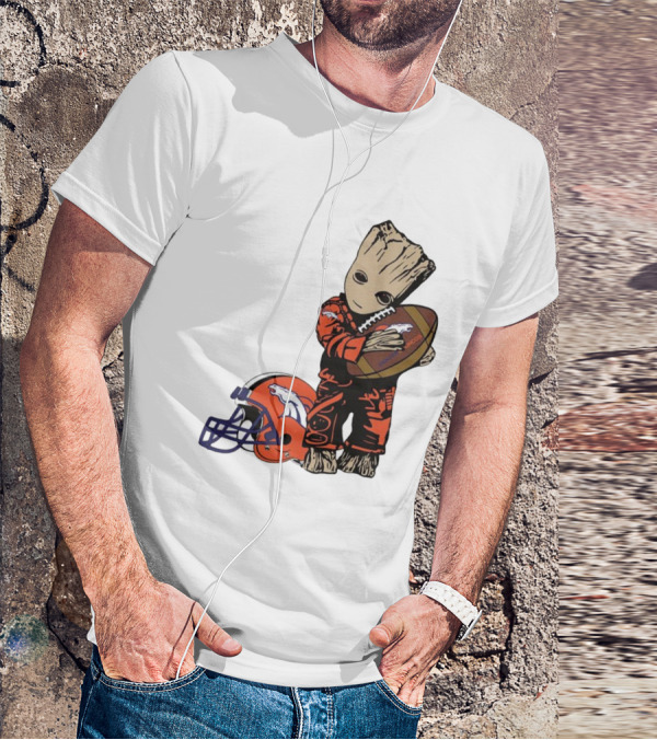 Groot Hugging Denver Broncos Football And Helmet T-Shirt