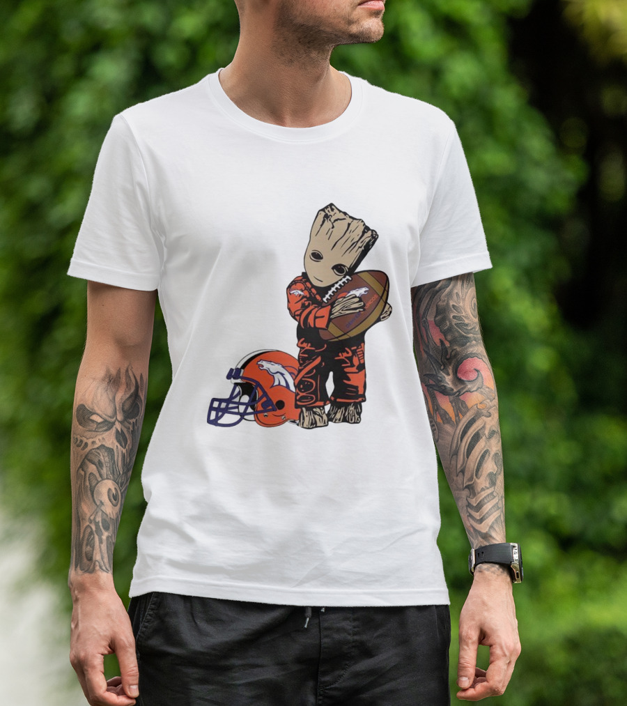 Groot Hugging Denver Broncos Football And Helmet T-Shirt