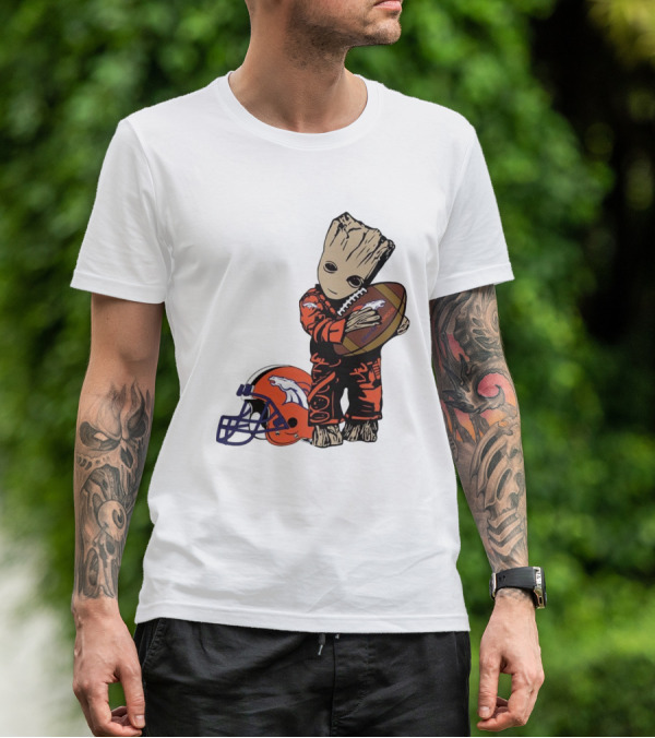 Groot Hugging Denver Broncos Football And Helmet T-Shirt