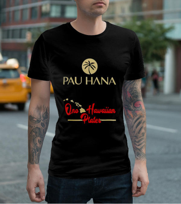 Pau Hana Palm Logo Ono Hawaiian Plates Map T-Shirt