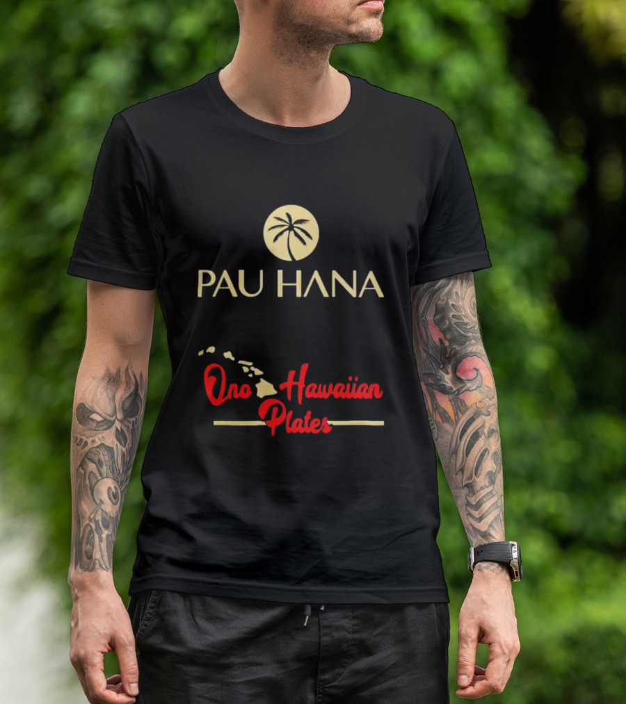 Pau Hana Palm Logo Ono Hawaiian Plates Map T-Shirt