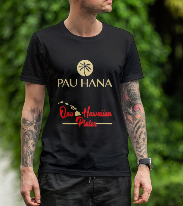 Pau Hana Palm Logo Ono Hawaiian Plates Map T-Shirt