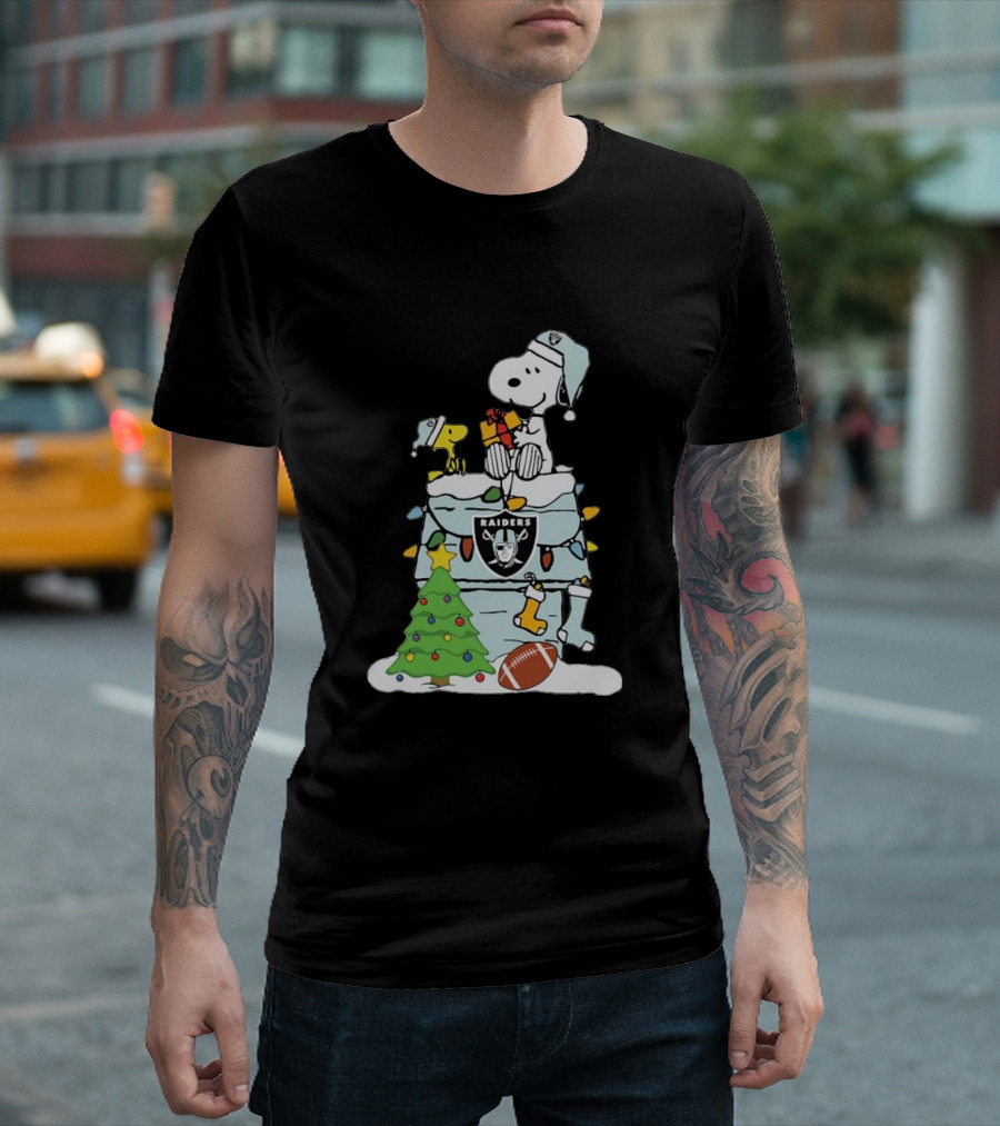 Raiders Snoopy Christmas with Doghouse Lights and Football T-Shirt