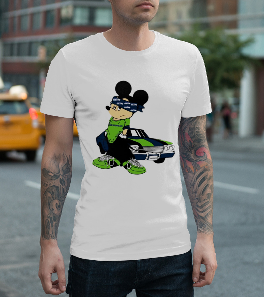 Seattle Seahawks Mickey Mouse Gangster Car Football Fan T-Shirt