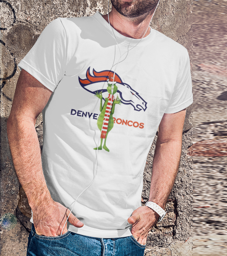 Grinch In Santa Hat And Scarf With Denver Broncos T-Shirt