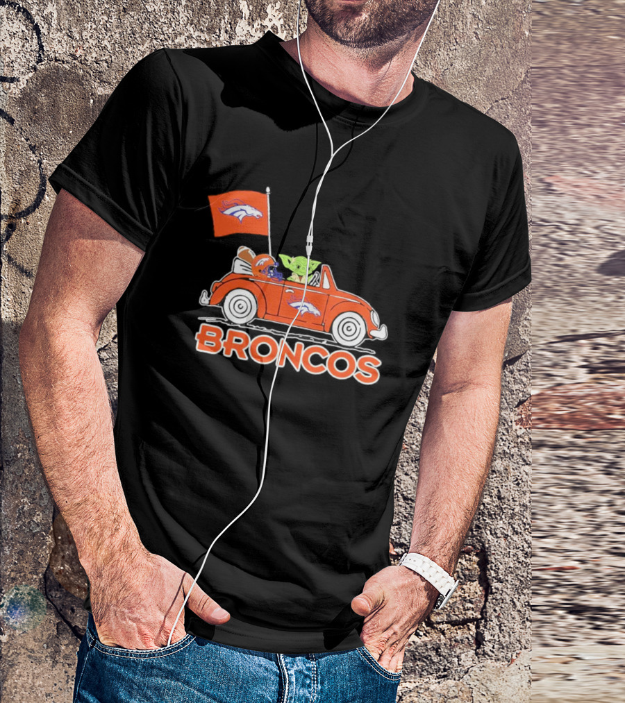 Yoda With Helmet In Denver Broncos Car With Flag T-Shirt