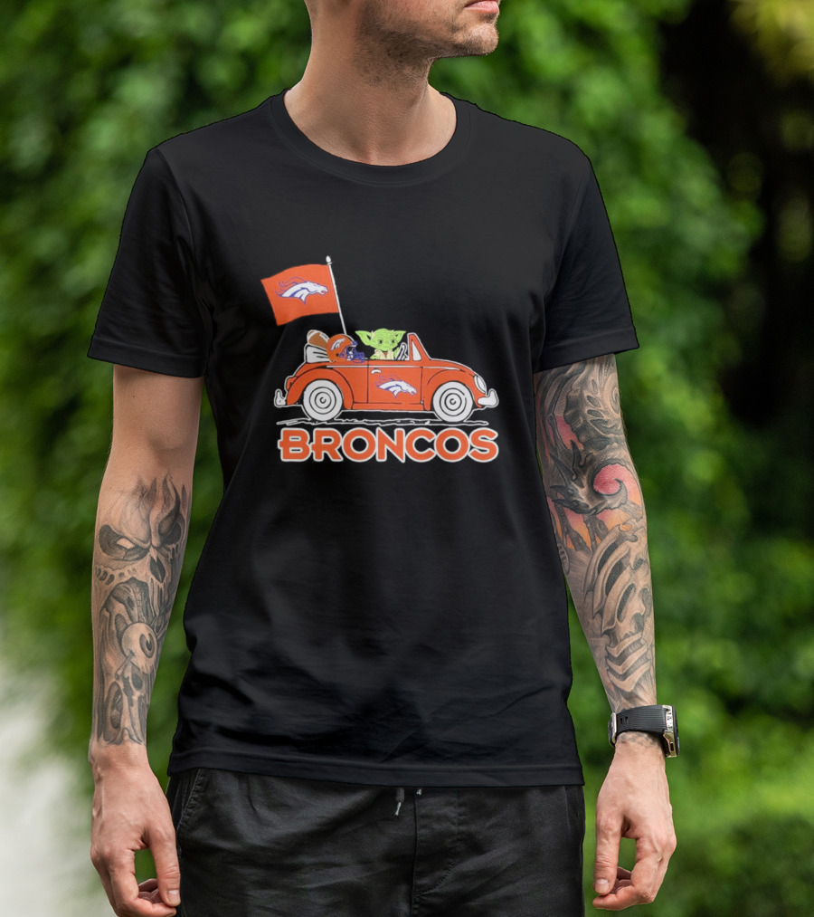 Yoda With Helmet In Denver Broncos Car With Flag T-Shirt