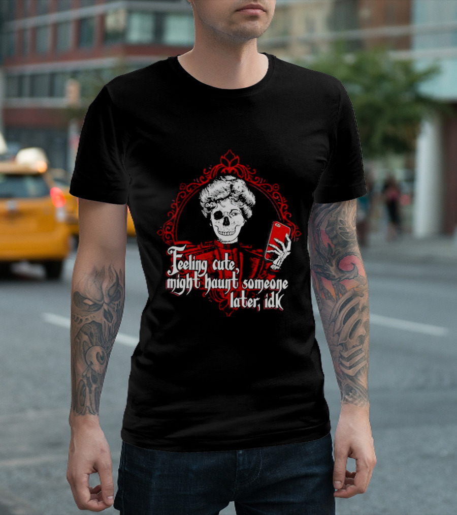 Feeling Cute Might Haunt Someone Later IDK Skeleton Selfie Red Victorian Frame T-Shirt