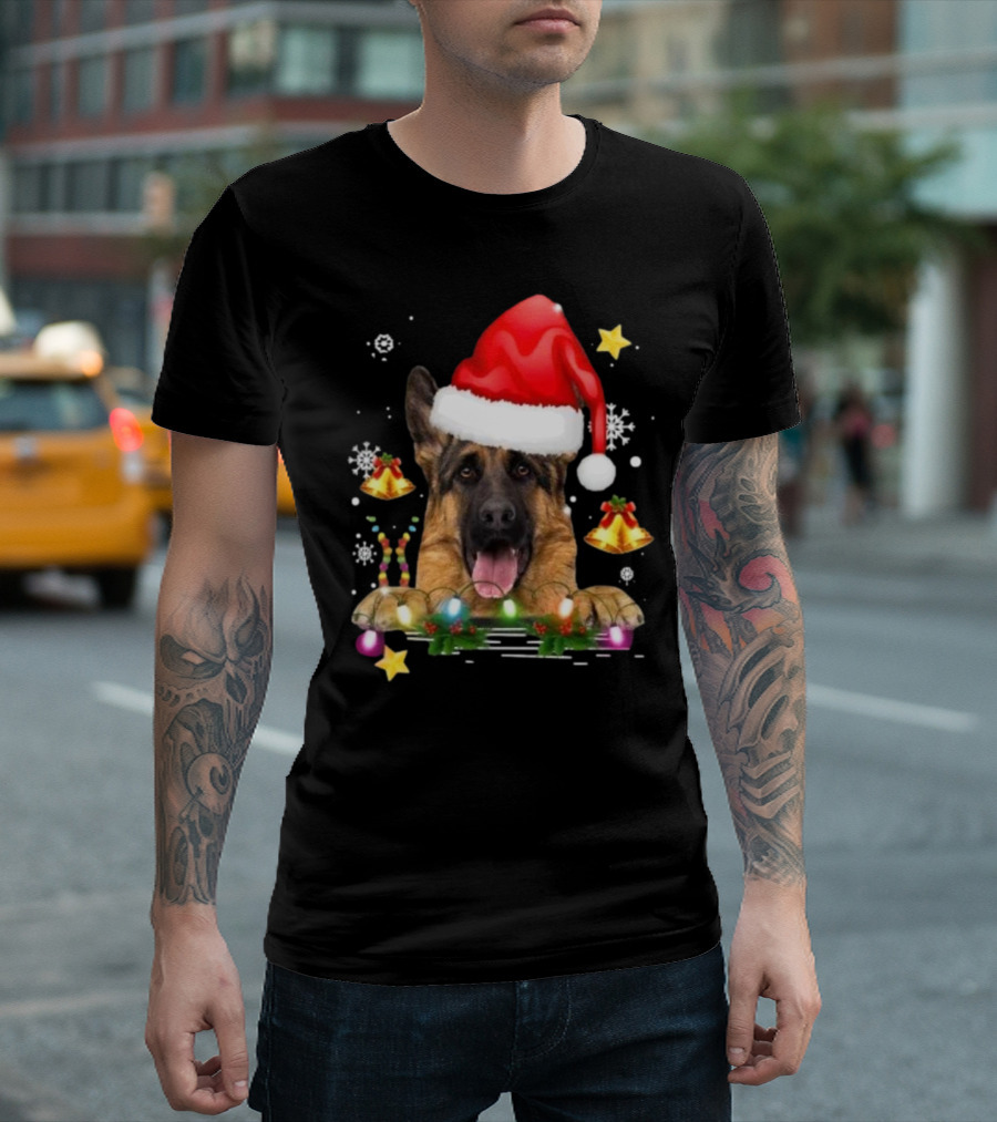 Happy Merry Christmas Lights German Shepherd Dog Festive Santa Hat T-Shirt