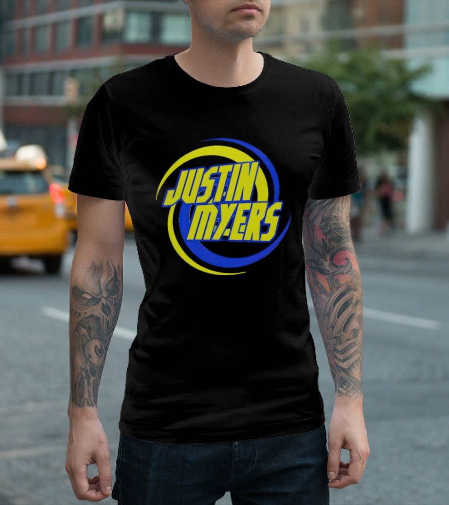 JUSTIN MYERS Blue Yellow Spiral Circle Text T-Shirt