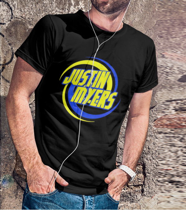 JUSTIN MYERS Blue Yellow Spiral Circle Text T-Shirt
