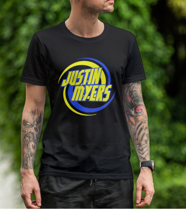 JUSTIN MYERS Blue Yellow Spiral Circle Text T-Shirt