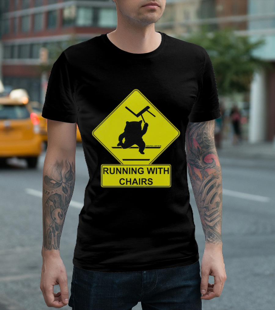 Nafo Fella Running With Chairs Caution Sign T-Shirt