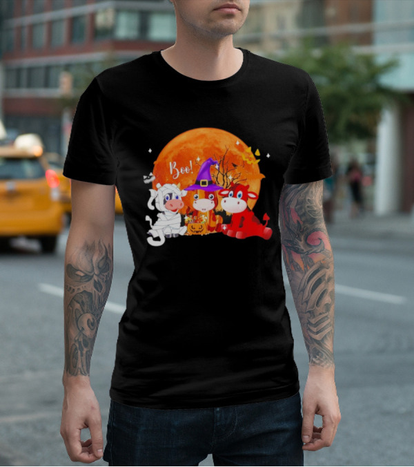 Boo Three Cow Halloween With Witch Hat Mummy And Devil In Front Of Full Moon T-Shirt