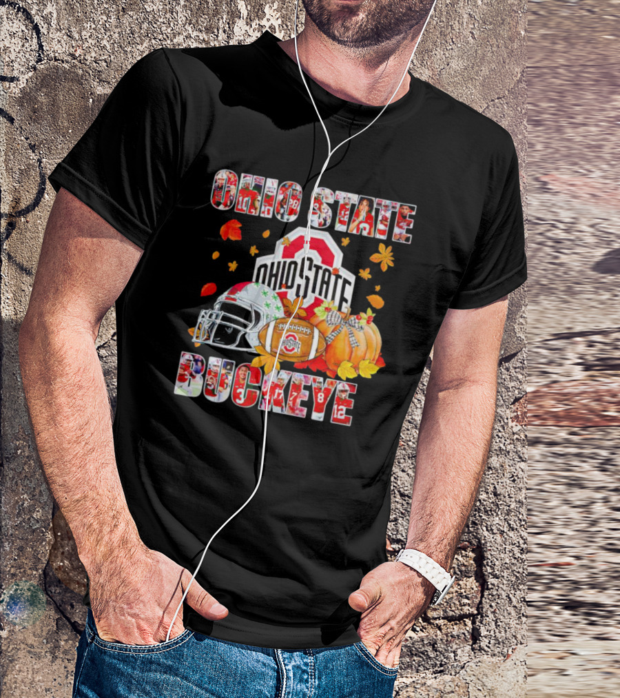 Ohio State Buckeyes Football Autumn Leaves Helmet Pumpkins T-Shirt