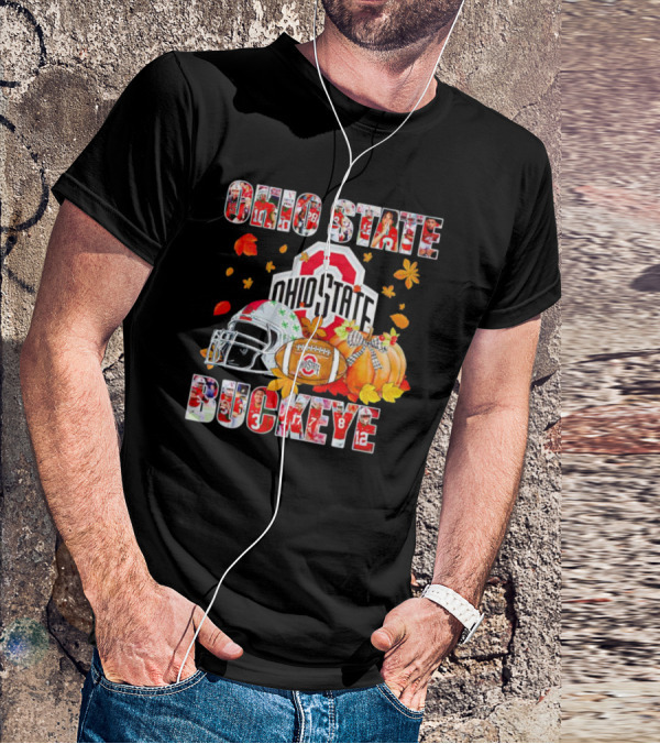 Ohio State Buckeyes Football Autumn Leaves Helmet Pumpkins T-Shirt