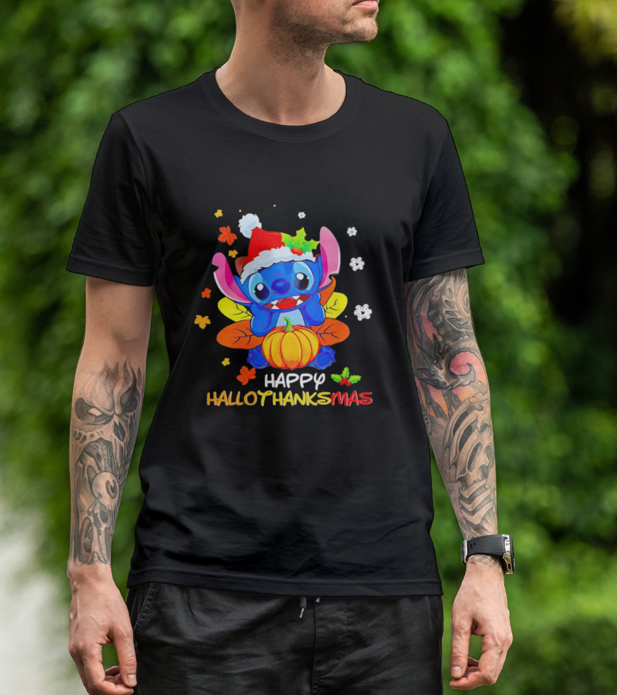 Stitch Happy Hallothanksmas Santa Hat Pumpkin Leaves Snowflakes T-Shirt