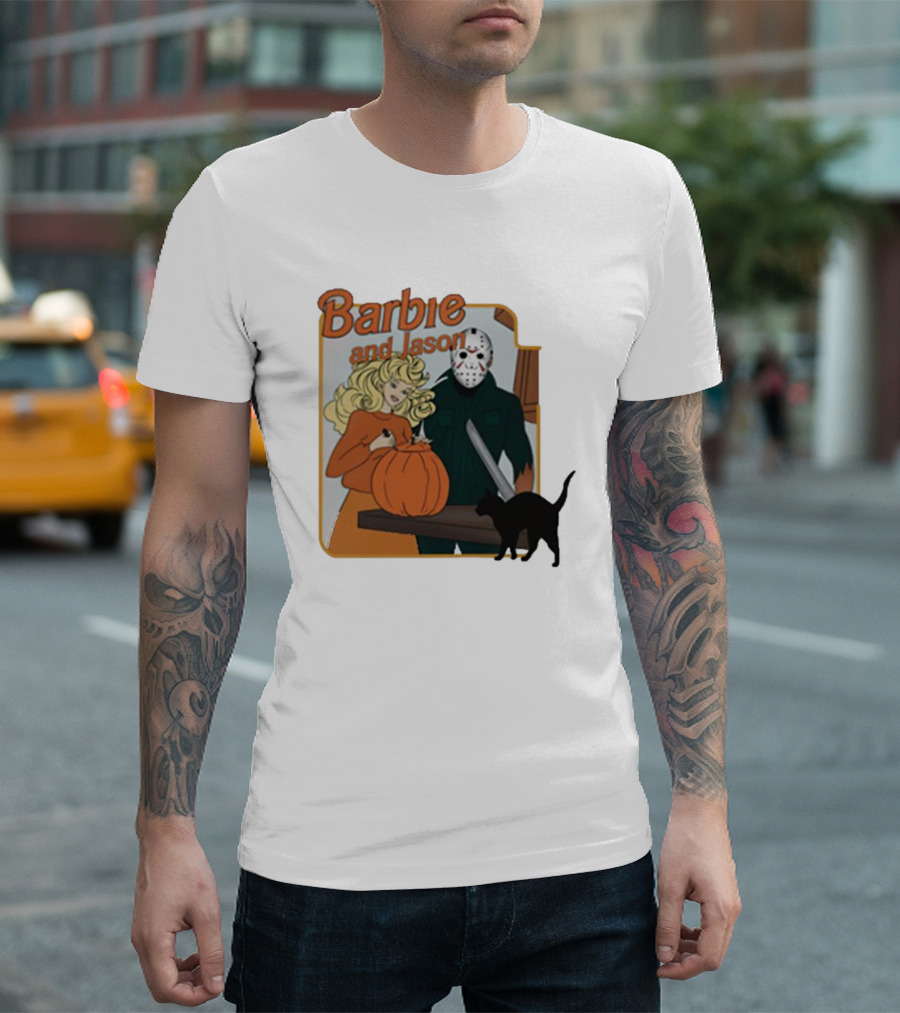 Barbie and Jason Halloween Pumpkin Carving with Black Cat T-Shirt