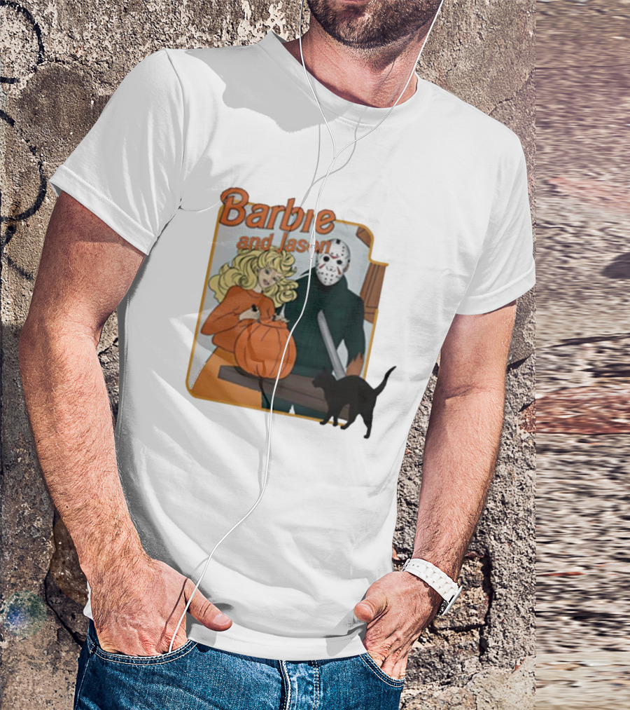 Barbie And Jason Halloween Pumpkin Carving With Black Cat T-Shirt