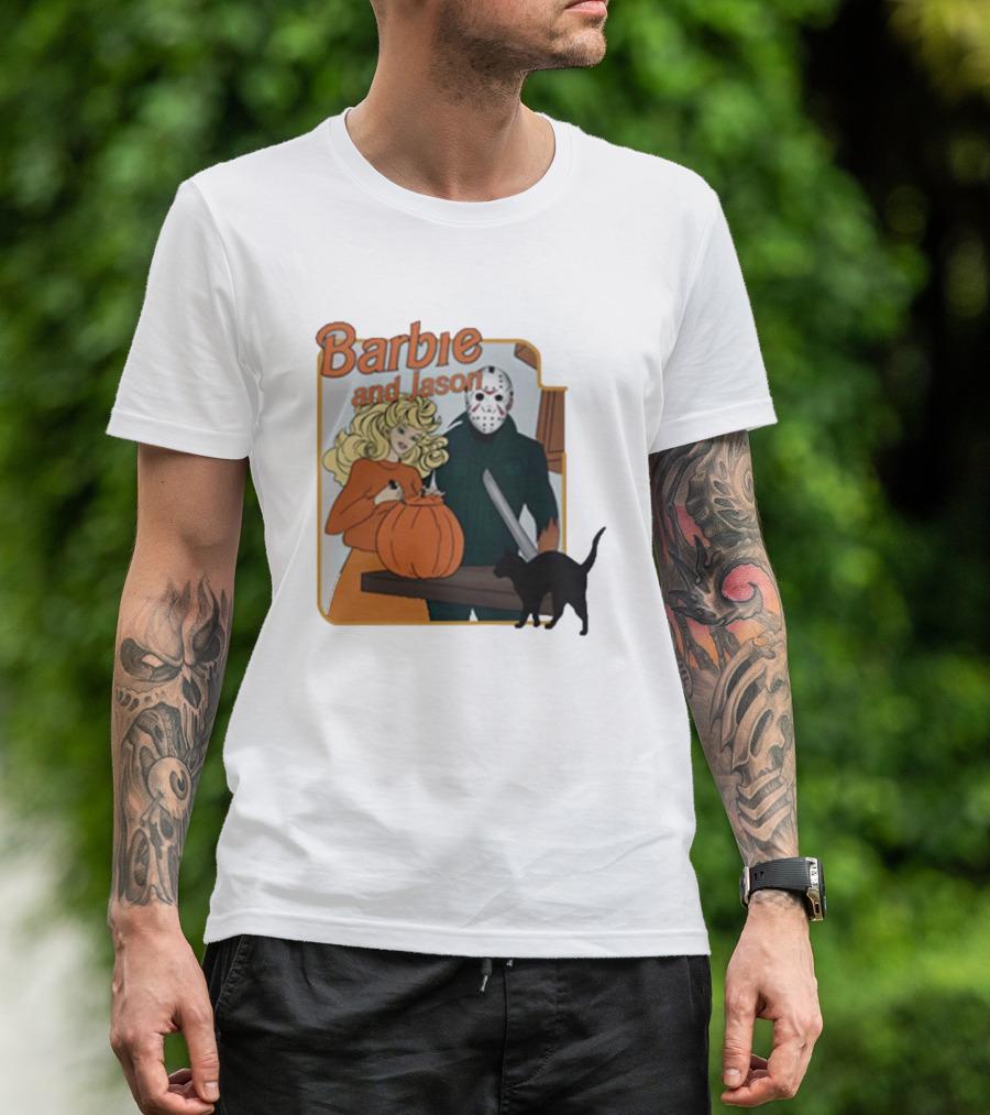 Barbie And Jason Halloween Pumpkin Carving With Black Cat T-Shirt