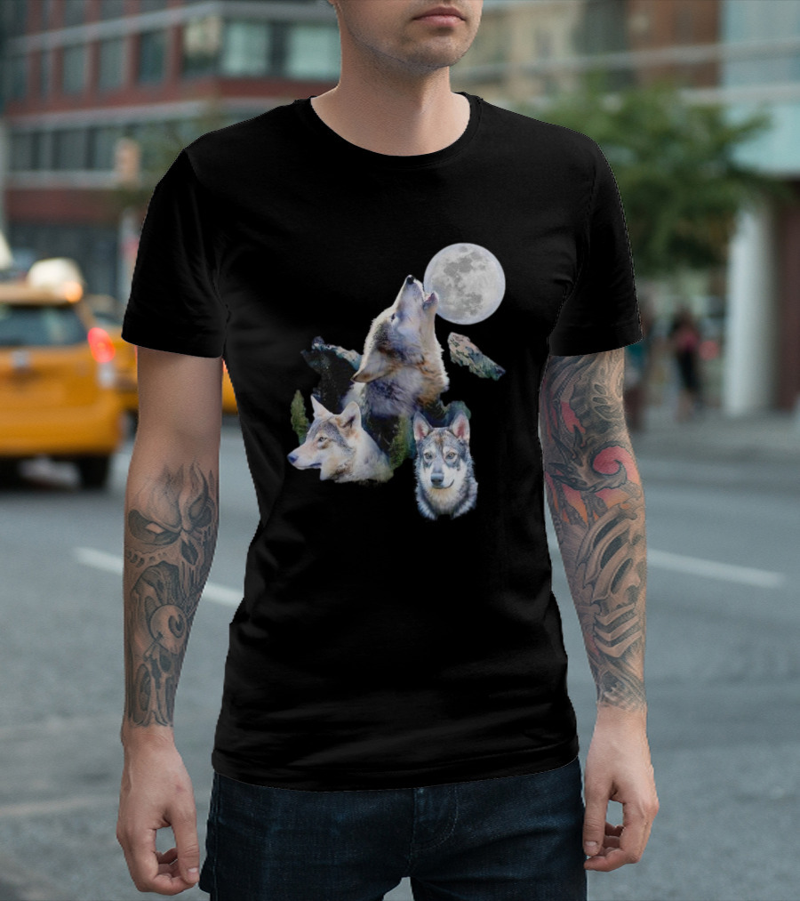Gas Station Wolf Howling at Full Moon Trio T-Shirt