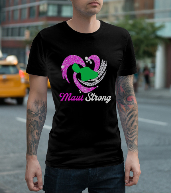 Maui Strong Pink Glitter Heart With Green Island And Diamond Accents T-Shirt