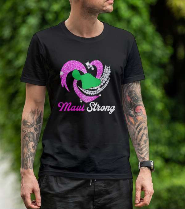 Maui Strong Pink Glitter Heart With Green Island And Diamond Accents T-Shirt