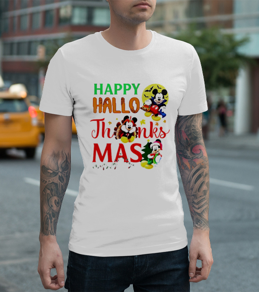 Mickey Mouse Happy Hallothanksmas Halloween Thanksgiving Christmas T-Shirt