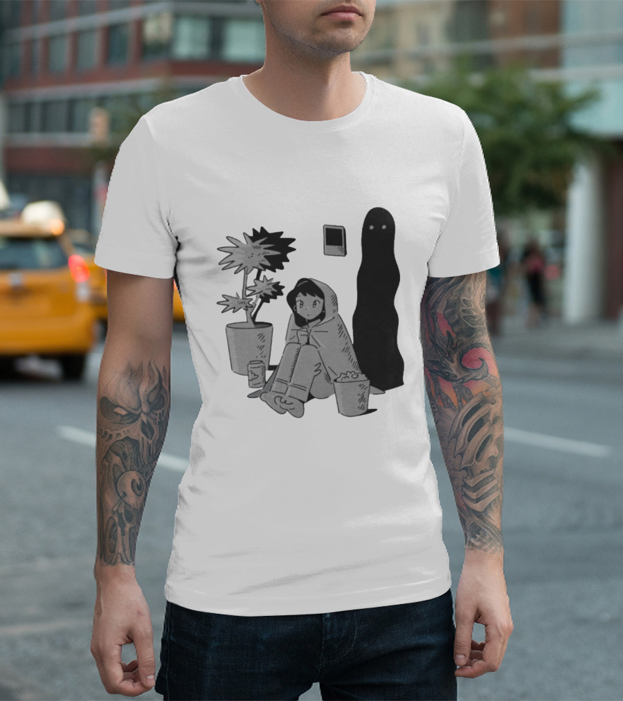 Phantom Cozy: Ghostly Companion And Snuggled Figure With Plant And Snacks T-Shirt