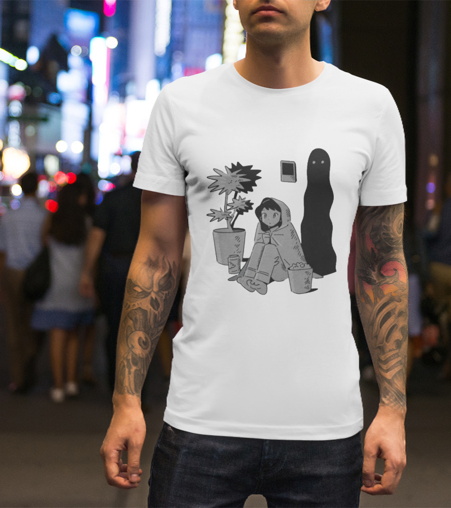 Phantom Cozy: Ghostly Companion And Snuggled Figure With Plant And Snacks T-Shirt