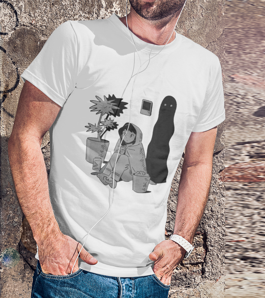 Phantom Cozy: Ghostly Companion And Snuggled Figure With Plant And Snacks T-Shirt
