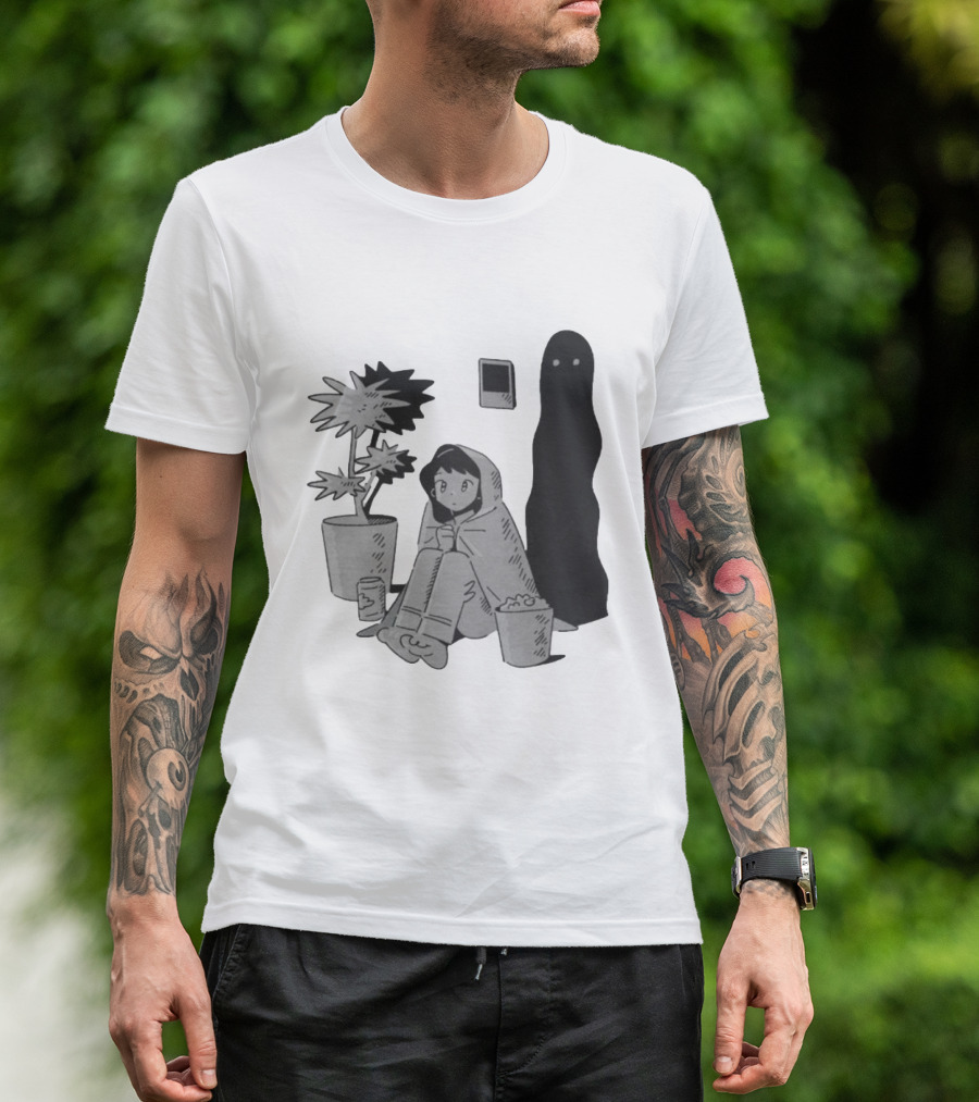 Phantom Cozy: Ghostly Companion And Snuggled Figure With Plant And Snacks T-Shirt