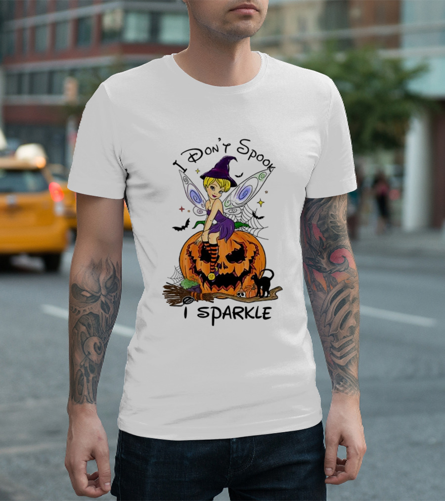 I Don’t Spook I Sparkle Witch Fairy On Pumpkin Halloween Scene T-Shirt
