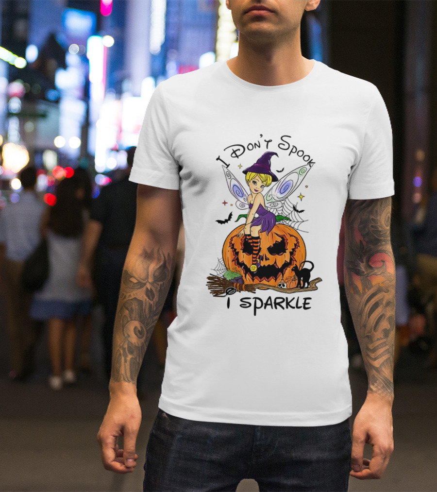 I Don’t Spook I Sparkle Witch Fairy On Pumpkin Halloween Scene T-Shirt