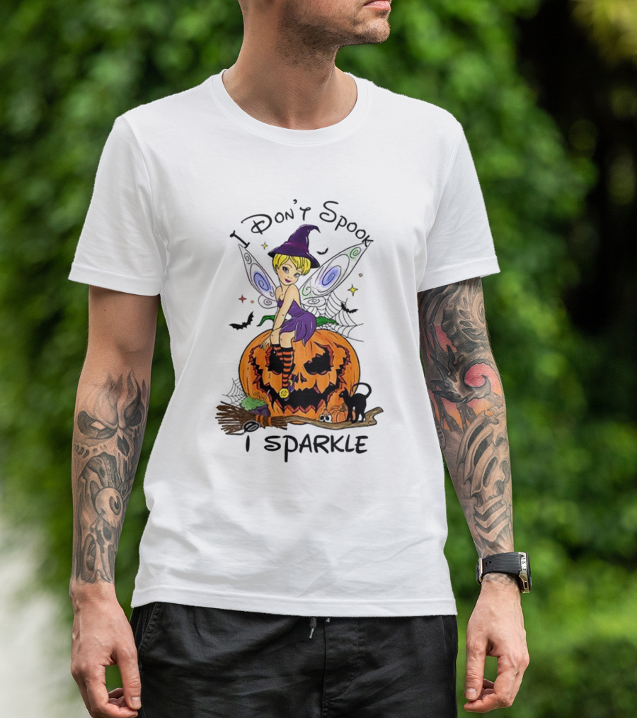 I Don’t Spook I Sparkle Witch Fairy On Pumpkin Halloween Scene T-Shirt