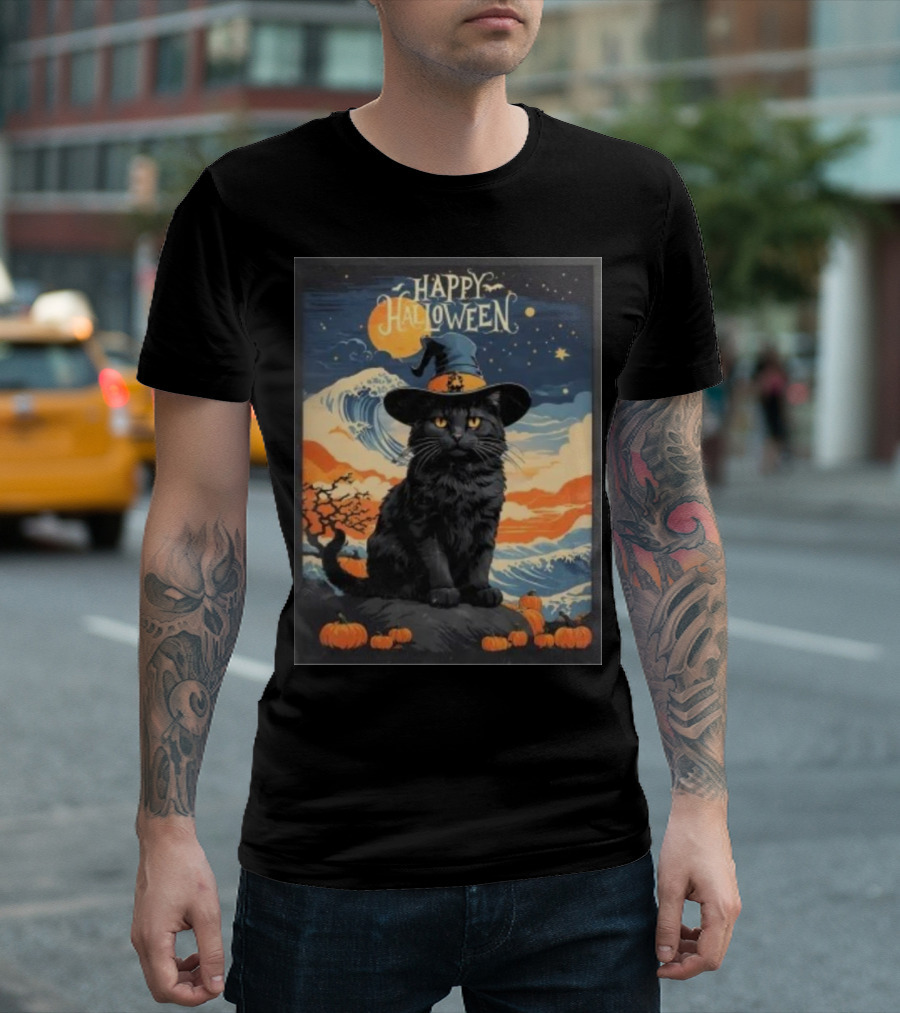 Happy Halloween Black Cat Witch With Pumpkins and Night Sky T-Shirt