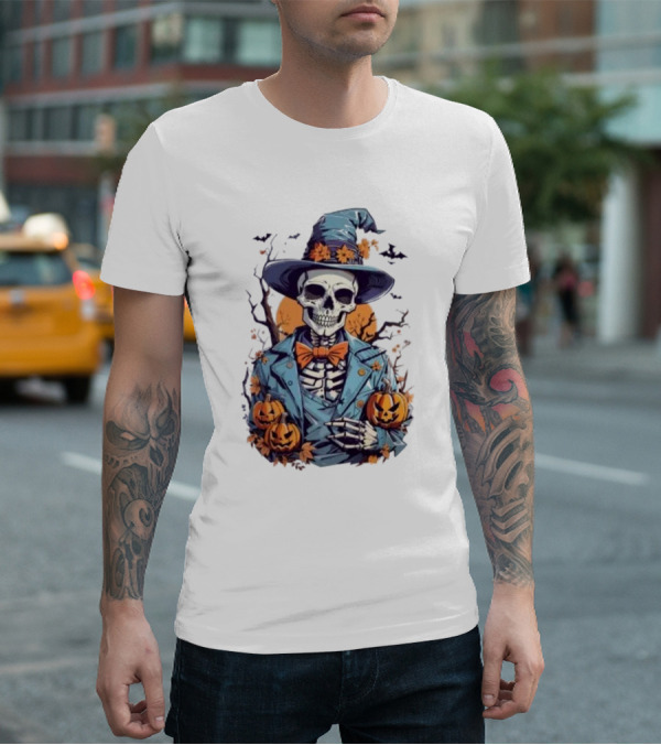 Happy Halloween Skeleton Jack-O'-Lantern Bow Tie Hat T-Shirt