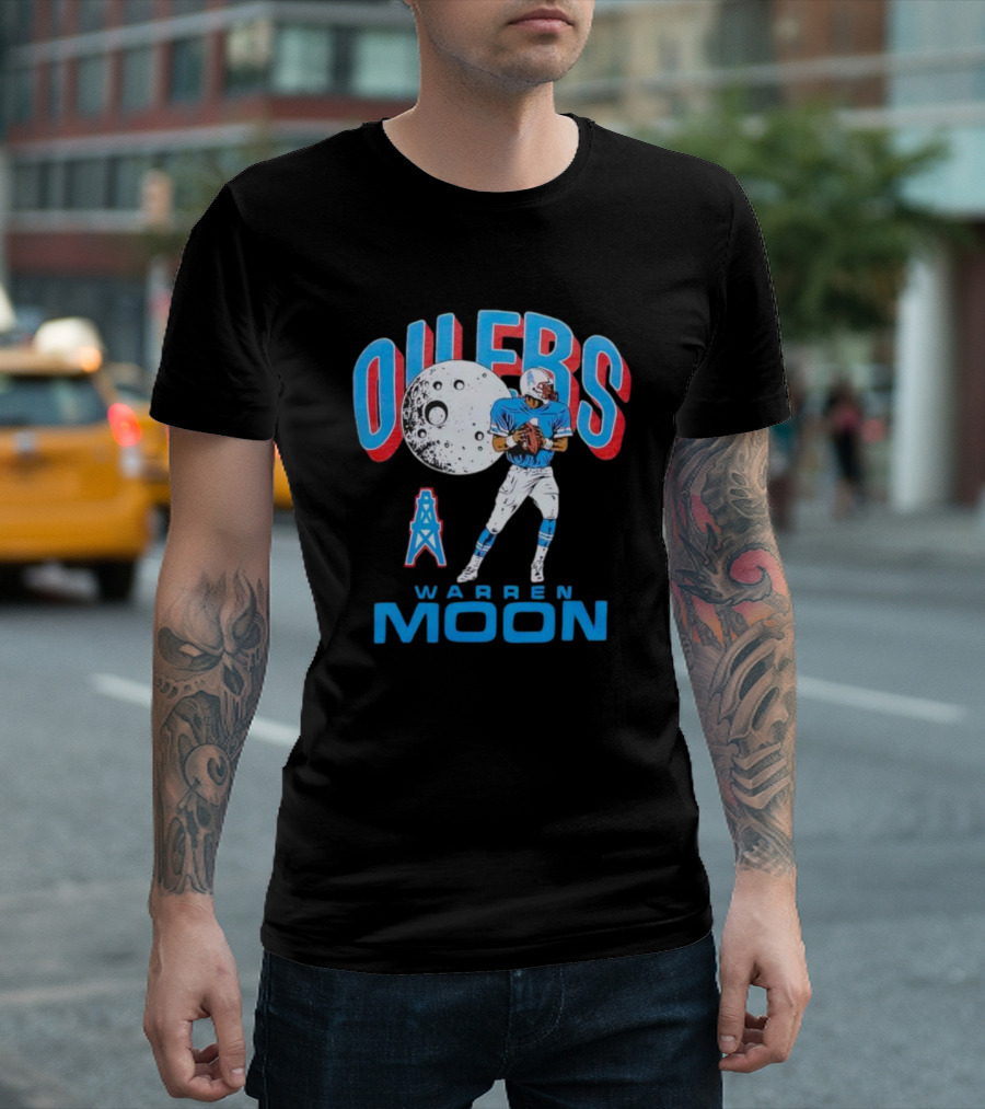 Oilers Warren Moon Football Player with Oil Derrick and Moon Balloon T-Shirt