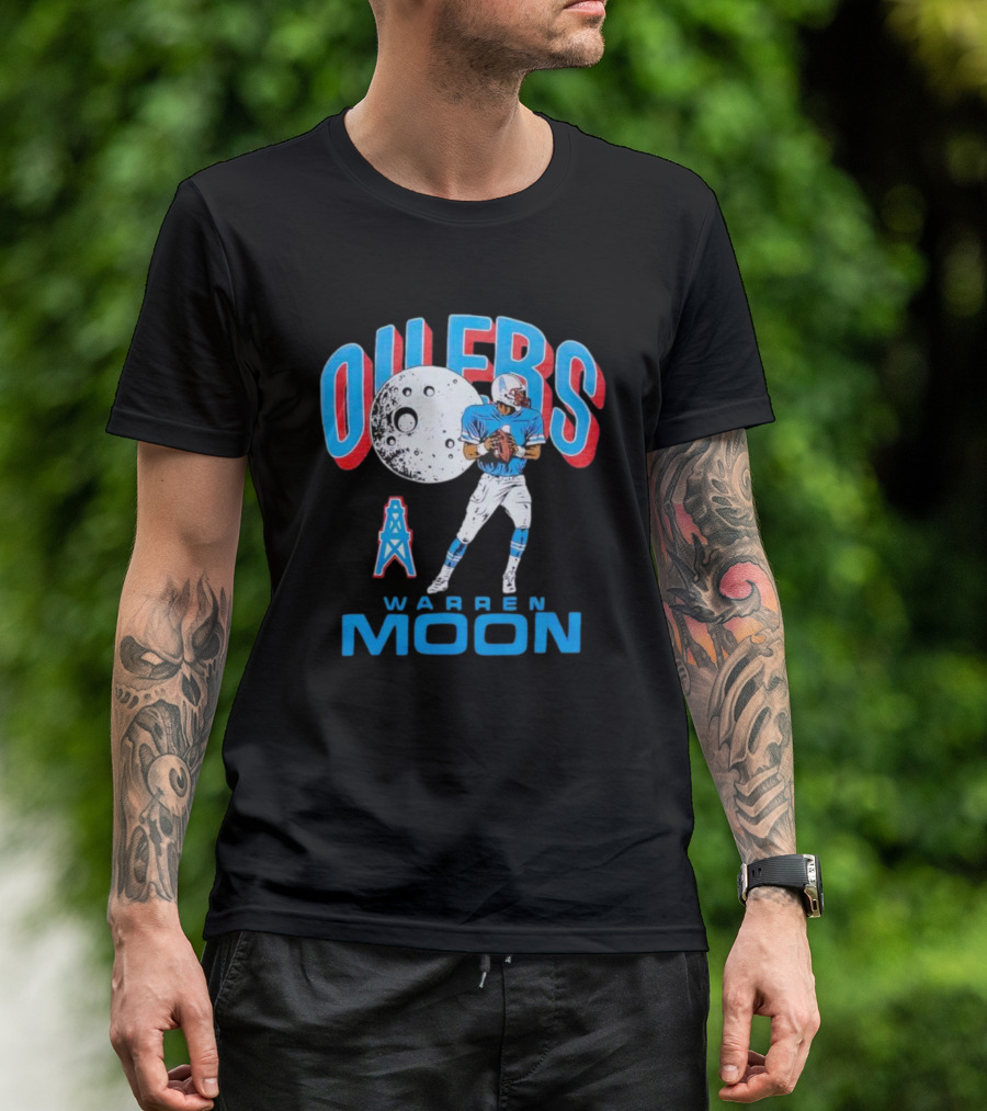 Oilers Warren Moon Football Player With Oil Derrick And Moon Balloon T-Shirt