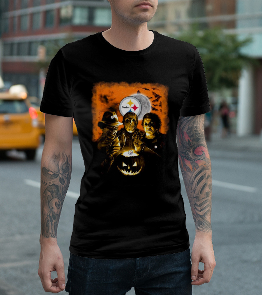 Pittsburgh Steelers Halloween with Freddy Krueger Jason Voorhees Michael Myers Horror Movies T-Shirt