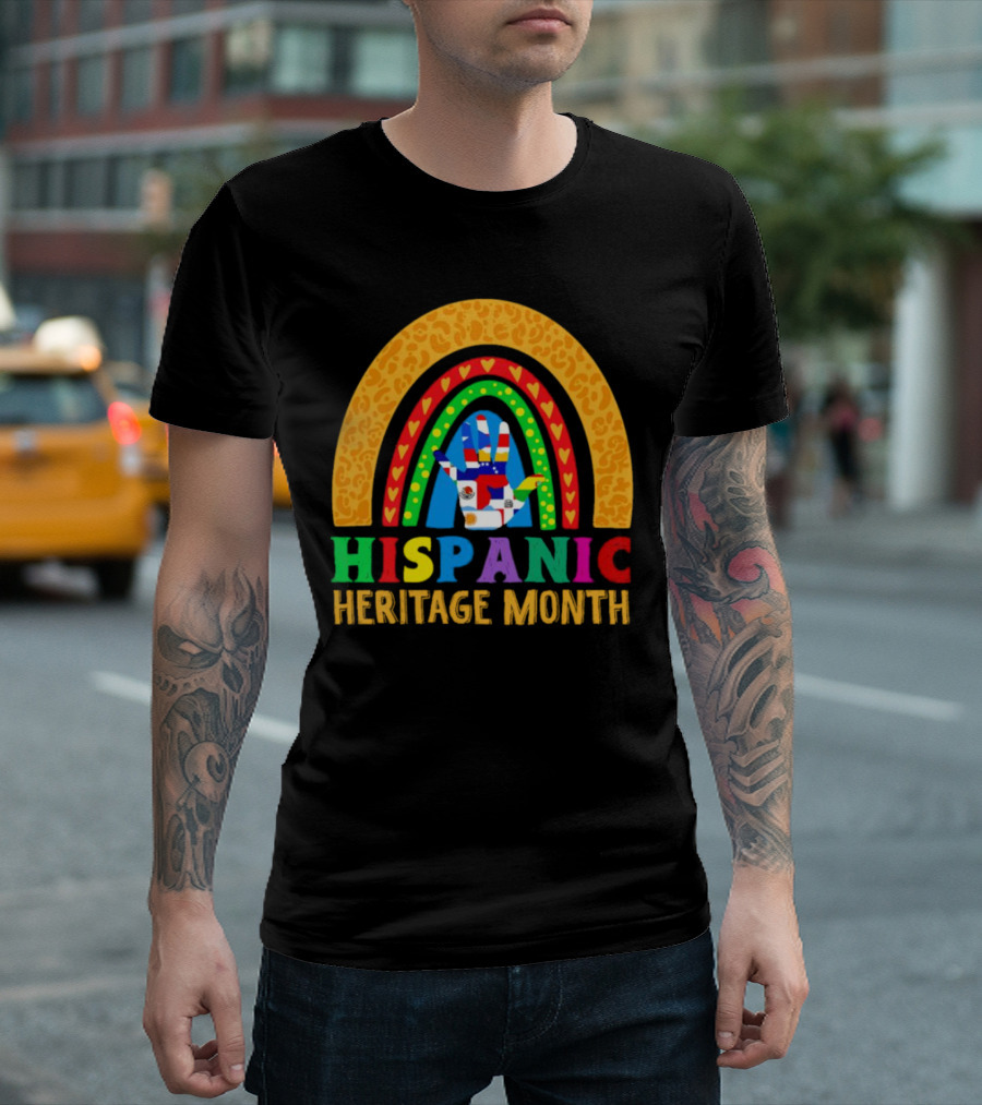 Hispanic Heritage Month Rainbow with Flag Mosaic Hand T-Shirt