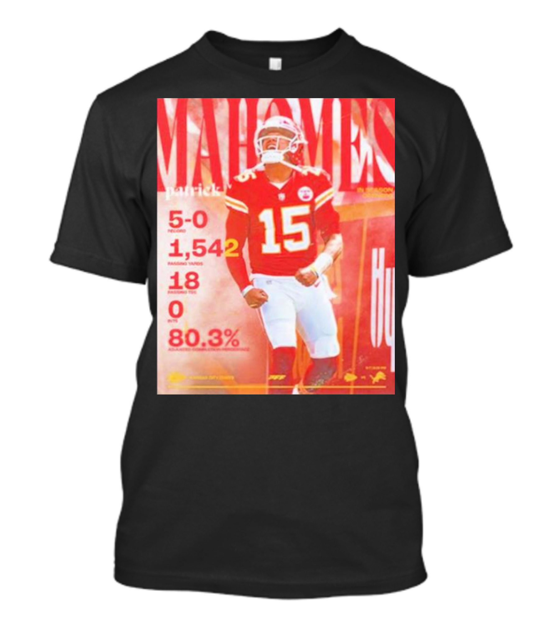 Patrick Mahomes 5-0 Record 1,542 Passing Yards 18 Touchdowns 0 Interceptions 80.3% T-Shirt